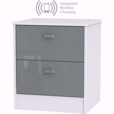 Dubai 2 Drawer Bedside Cabinet with Integrated Wireless Charging - High Gloss Grey and White