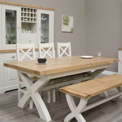 Homestyle GB Painted Deluxe X-Leg Extending Dining Table with 3 Cross Back Chairs and Bench