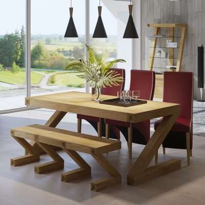 Homestyle GB Z Designer Oak Dining Set and 4 Wave Ruby Bone Chairs and Bench