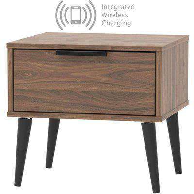 Hong Kong Carini Walnut 1 Drawer Bedside Cabinet with Wooden Legs and Integrated Wireless Charging