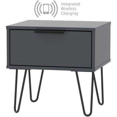 Hong Kong Graphite 1 Drawer Bedside Cabinet with Hairpin Legs and Integrated Wireless Charging