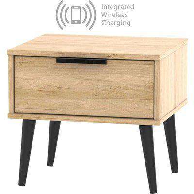 Hong Kong Nebraska Oak 1 Drawer Bedside Cabinet with Wooden Legs and Integrated Wireless Charging