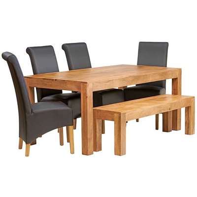 Indian Hub Toko Light Mango Large Dining Table with 4 Leather Chairs and Bench