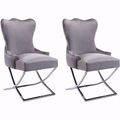 Kensington Cross Leg Back Tufted Buttoned Dark Grey Velvet Fabric Dining Chair (Pair)