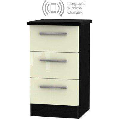 Knightsbridge 3 Drawer Bedside Cabinet with Integrated Wireless Charging - High Gloss Cream and Black