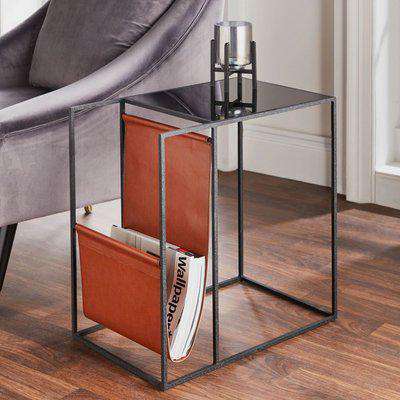 Black Metal Glass Top Side Table with Leather Magazine Holder