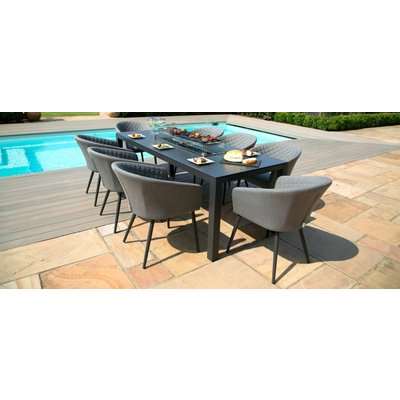 Maze Lounge Outdoor Ambition Flanelle Fabric 8 Seat Rectangular Dining Set with Fire Pit Table