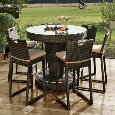 Maze Rattan Flat Weave Brown Round Bar Table with Ice Bucket and 6 Chairs