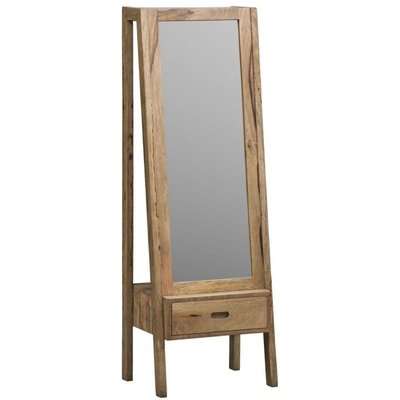 Mid Century Rustic Solid Light Mango Wood Cheval Standing Mirror with 1 Drawer