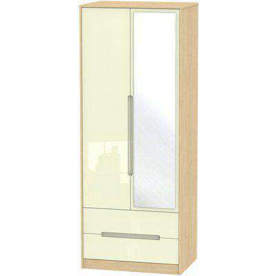 Monaco High Gloss Cream and Light Oak 2 Door Double Wardrobe - Tall 2ft 6in with 2 Drawer and Mirror
