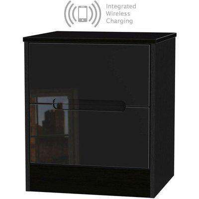 Monaco High Gloss Black 2 Drawer Bedside Cabinet with Integrated Wireless Charging