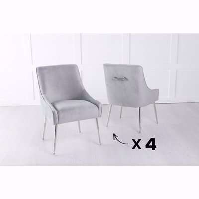 Set of 6 Giovanni Soft Light Grey Velvet Dining Chair with Back Handle / Chrome Legs