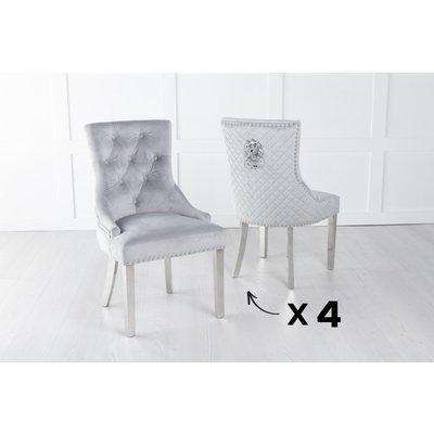 Set of 4 Light Grey Velvet Lion Knocker Dining Chair / Chrome Legs - Scoop Back