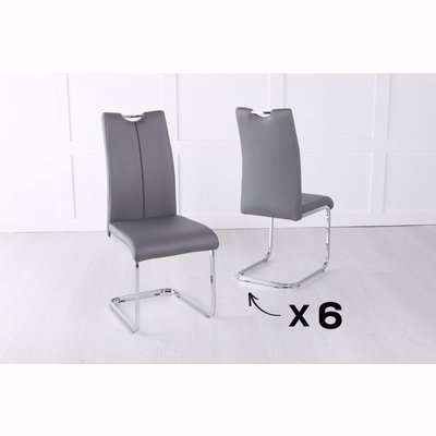 Set of 6 Nikko Dark Grey Leather Handle Back Dining Chair with Brushed Stainless Steel Cantiliver Base