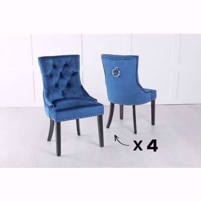 Set of 6 Blue Velvet Dining Chair With Knocker / Black Legs - Scoop Back