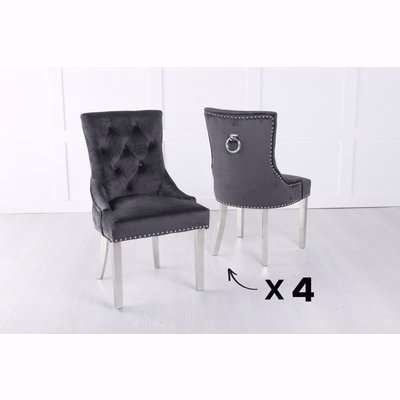 Set of 6 Black Velvet Dining Chair With Knocker / Chrome Legs - Scoop Back