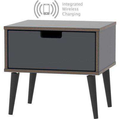 Shanghai Graphite 1 Door Bedside Cabinet with Wooden Legs and Integrated Wireless Charging