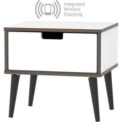 Shanghai High Gloss White 1 Drawer Bedside Cabinet with Wooden Legs and Integrated Wireless Charging