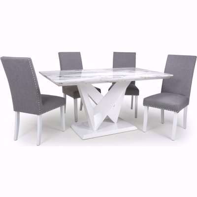 Shankar Saturn Grey and White High Gloss Marble Effect Dining Table with 4 Randall Steel Grey Dining Chairs