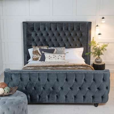 Urban Deco Grandee Charcoal Grey Fabric 6ft Queen Size Bed