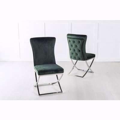Lyon Buttoned Back Dining Chair / Cross Chrome Legs - Tufted Green Velvet
