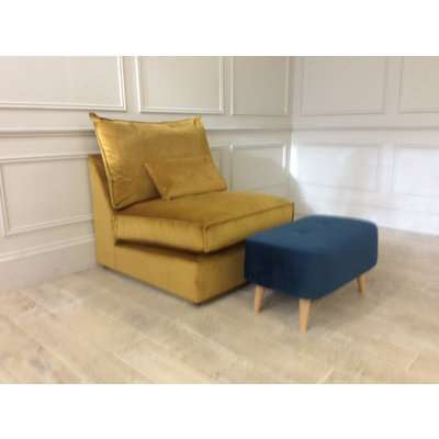 Harry Armless Chair with footstool in Mystere Smooth Gold Velvet