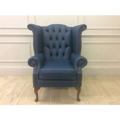 Queen Anne Scroll Wing Chair without Castors - in Shelly - Majorca Blue