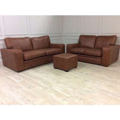 Sloane 3 & 2  Seater Sofas with a small storage ottoman in Vintage tan leather