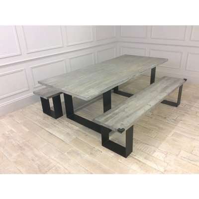 Woodstock Dining Table (220cm x 100cm) in Grey Wash Oak with 2x Accompanying Benches