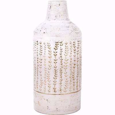 Distressed Metal Vase with Leaf Pattern Small
