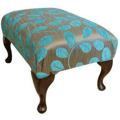 Queen Anne Fabric Footstool UK Manufactured Orchard Leaf Turquoise