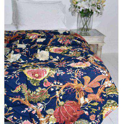 Blue Carnation Print Cotton Indian Bed Quilt