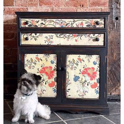 Black chippy cupboard / sideboard and drawers with decoupage frontage