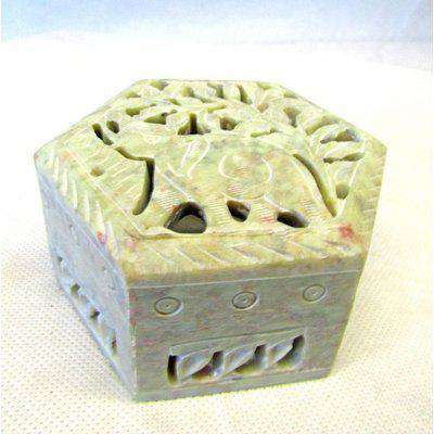 Decorative Handcarved Hexagon Soapstone Hinged Trinket Box