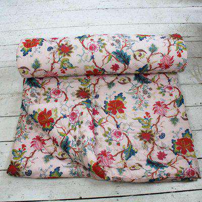 Pink Floral Print Cotton Indian Bed Quilt