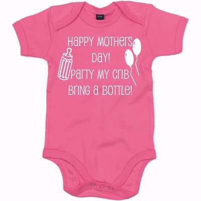 Happy Mother's Day Party in my Crib Bring A Bottle Baby Bod.. Pink Stripe (Black Print) - 3-6 Months