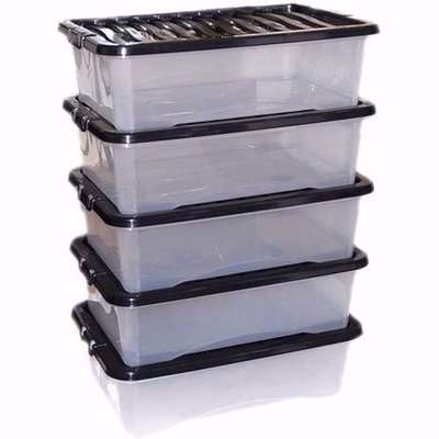 32L Large Underbed Plastic Storage Clear Box Strong Stackable Container Pack of 5