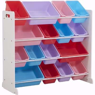 4-layers 16-grid Toy Storage Rack, White Frame + Colorful Plastic Basket