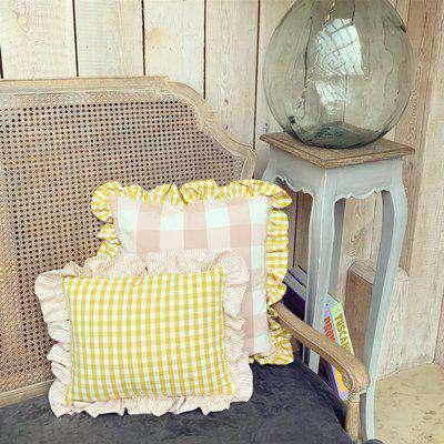 The Small Frilly Cushion Small Yellow Gingham W/Pink Stripe Frill