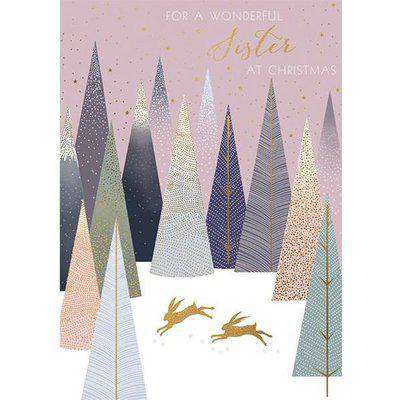 Wonderful Sister Gold Hares Christmas Card - The Art File