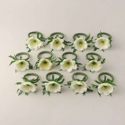 Set of 12 Anemone Napkin Rings 7cm Off White/Green