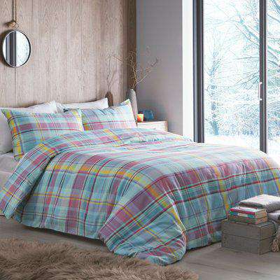 Applecross Check 100% Brushed Cotton Duvet Cover Set Blue/Pink/Yellow