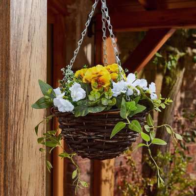 Artificial Faux Flower Hanging Basket Green, Yellow and White