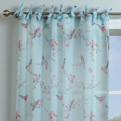 Beautiful Birds Duck-Egg Thermal Pencil Pleat Curtains Blue, Pink and White