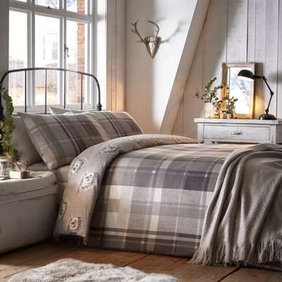Colville Grey Check 100% Brushed Cotton Reversible Duvet Cover and Pillowcase Set Grey