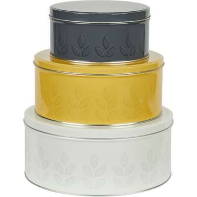 Dunelm Set of 3 Leaf Print Cake Tins Grey, Yellow and White