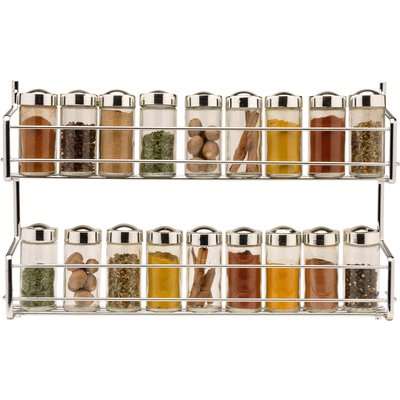 Hahn Metro Premium 2 Tier Wall or Cupboard Spice Rack with 18 Jars Silver
