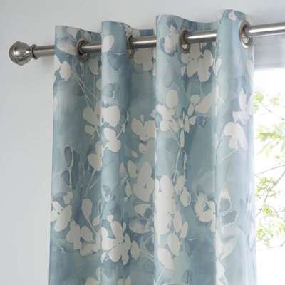 Honesty Teal Thermal Eyelet Curtains Blue and White