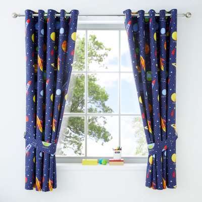 Space Navy Blackout Eyelet Kids Curtains Navy Blue, Green and Yellow