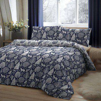 Dream and Drapes Lodge Winter Forest 100% Brushed Cotton Duvet Cover Set Navy Blue/White